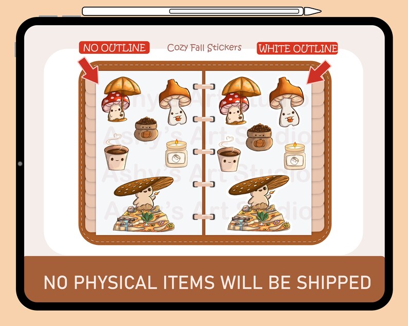 May include: Cozy Fall Stickers with a mushroom, coffee cup, candle, and pumpkin design. The stickers are available in two styles: no outline and white outline. "Cozy Fall Stickers" is written at the top of the image.