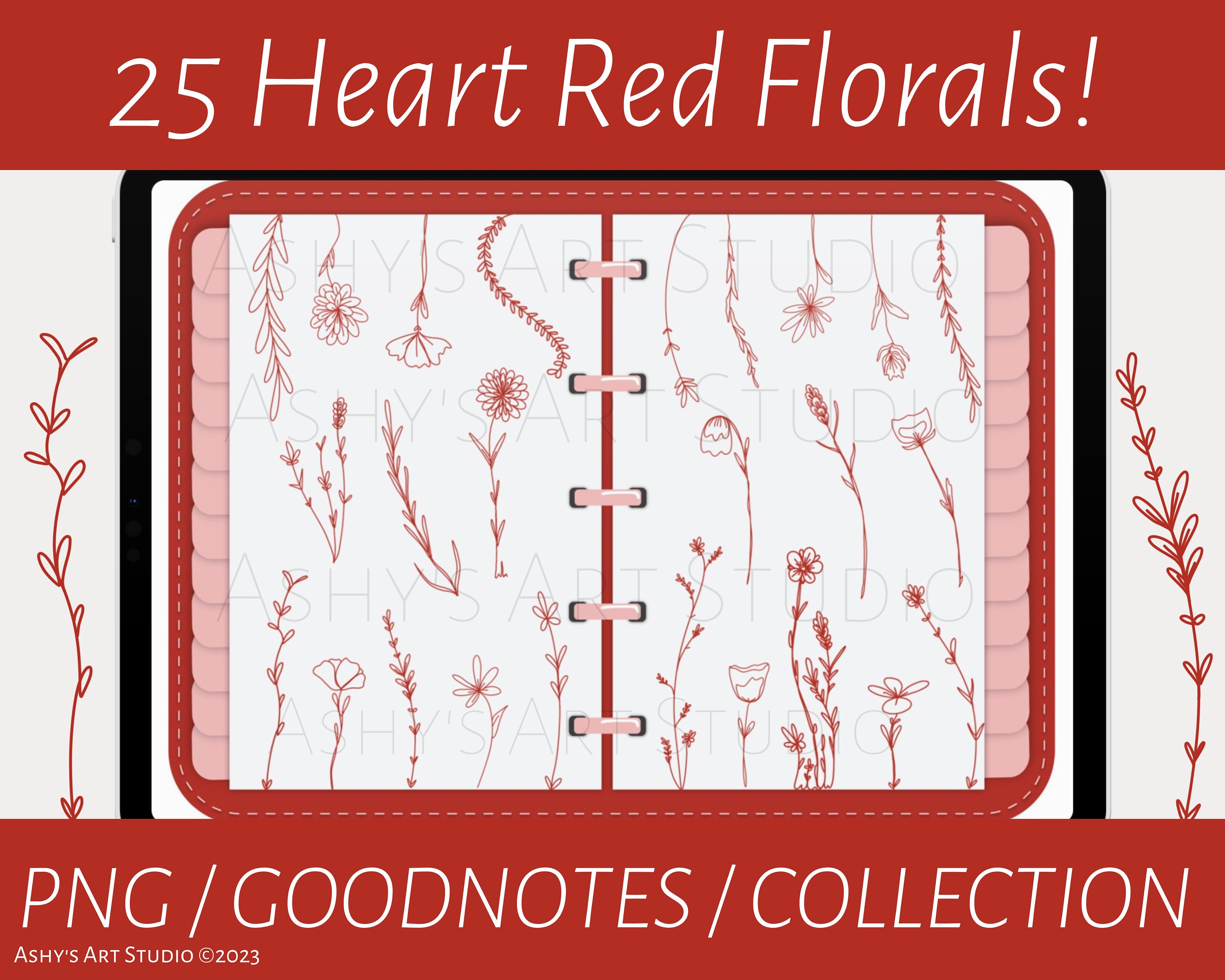 Heart Red Florals Goodnotes Stickers, Flower Stickers, Digital Stickers ...