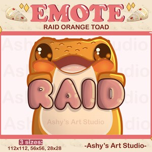 May include: Orange toad cartoon character with a big smile holding the word "RAID" in pink letters. The toad is wearing a yellow and orange body with brown spots. The background is a pink and white pattern.