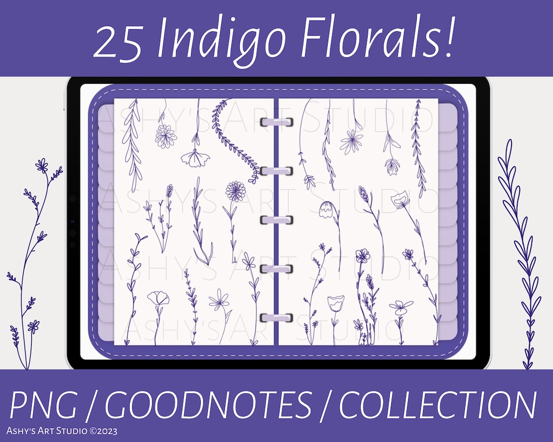Indigo Florals Goodnotes Stickers, Flower Stickers, Digital Stickers, Journal Stickers