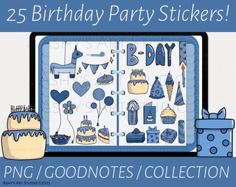 Blue Birthday Stickers, Birthday GoodNotes, Planner Stickers, Birthday Planner,  Goodnotes Planner, Goodnotes Elements, Birthday Clipart,