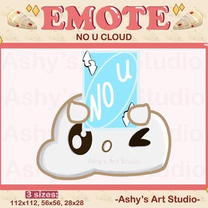May include: A white cloud-shaped cartoon character with a surprised expression, holding a blue card with the text "NO U" in white letters. The card has a white arrow pointing upwards. The background is pink with a white pattern.
