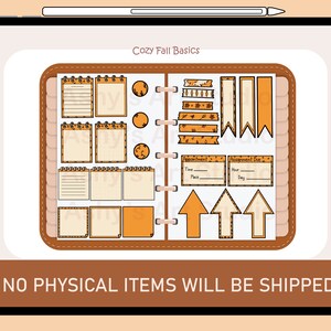 May include: A digital planner page with a variety of stickers in fall colors. The stickers include notes, banners, arrows, and a calendar. The text "Cozy Fall Basics" is at the top of the page.