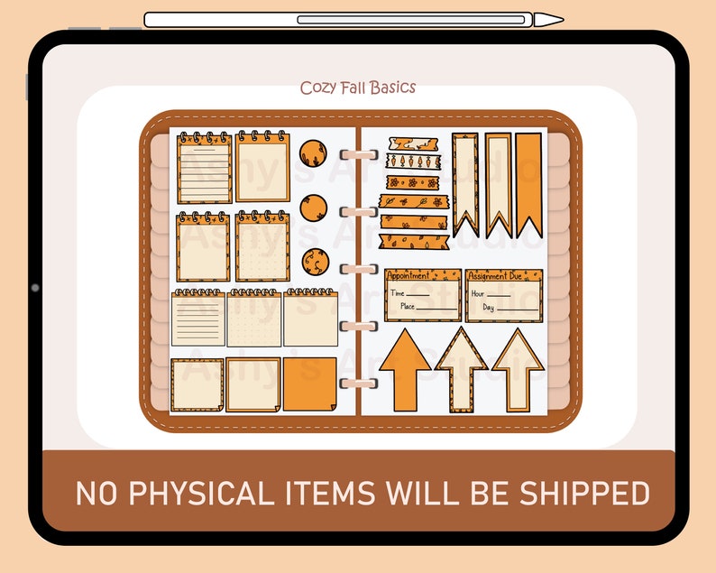 May include: A digital planner page with a variety of stickers in fall colors. The stickers include notes, banners, arrows, and a calendar. The text "Cozy Fall Basics" is at the top of the page.