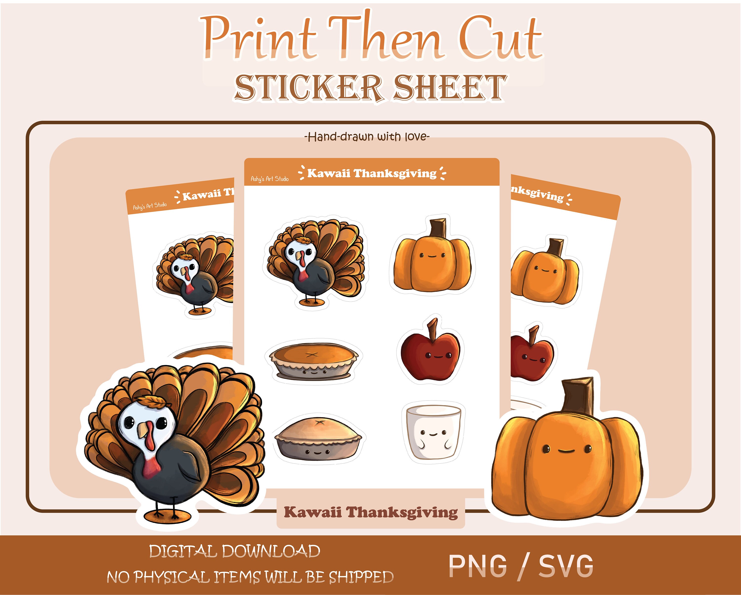 Printable Kawaii Thanksgiving Sticker Sheet, Cricut, Silhouette, Fall ...