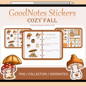 May include: A set of digital stickers for the GoodNotes app featuring a fall theme. The stickers include mushrooms, leaves, a journal page, and a quote about foraging in the woods. The stickers are in a brown and orange color scheme.