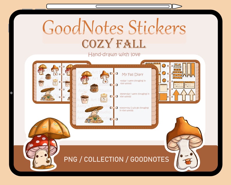 May include: A set of digital stickers for the GoodNotes app featuring a fall theme. The stickers include mushrooms, leaves, a journal page, and a quote about foraging in the woods. The stickers are in a brown and orange color scheme.