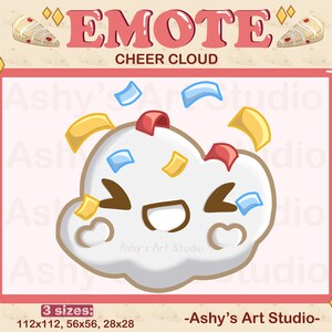 Peut inclure: Un nuage blanc avec un visage souriant et des confettis rouges, jaunes et bleus. Le nuage est entouré d'une bordure rose et le texte "EMOTE CHEER CLOUD" est au-dessus du nuage. Le texte "Ashy's Art Studio" est en dessous du nuage.