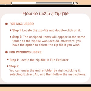 May include: A digital illustration on a tablet screen with instructions on how to unzip a zip file for both Mac and Windows users. The instructions are written in black text on a white background.