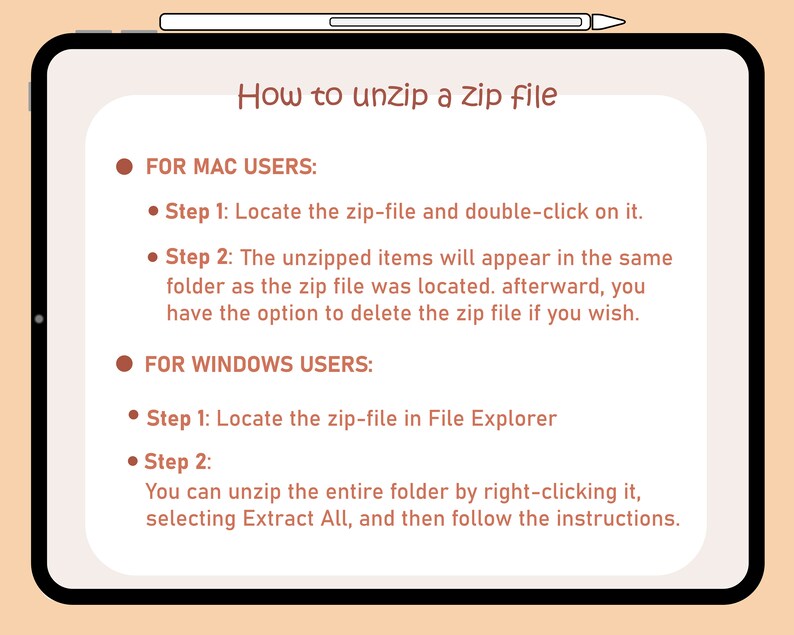 May include: A digital illustration on a tablet screen with instructions on how to unzip a zip file for both Mac and Windows users. The instructions are written in black text on a white background.