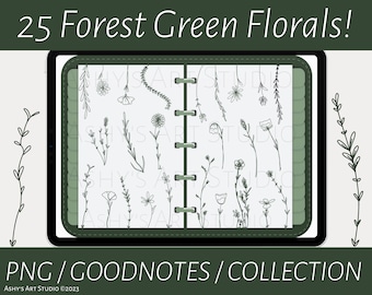 Forest Green Florals Goodnotes Stickers, Flower Stickers, Digital Stickers, Journal Stickers, Goodnotes Elements, iPad Planner, Flowers