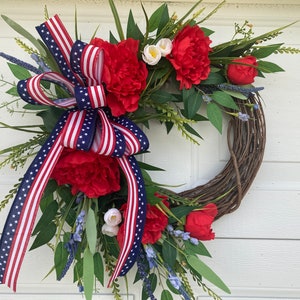 Patriotic Floral Grapevine Wreath for Front Door, Red White and Blue Vine Door Decor, 4th of July Floral and Ribbon Wreath