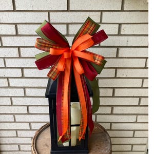 Luxury Fall Lantern Bow, Autumn Wreath Bow, Orange Burgundy Olive Green Plaid Bow, Thanksgiving Porch Decor, Harvest Season Front Door Bow