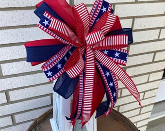 Patriotic Bow, Red White & Blue, 4th of July Decor, Memorial Day Porch Design, Americana Wreath Bow, Independence Day Lantern Topper