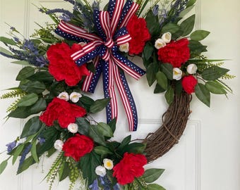 Patriotic Floral Grapevine Wreath for Front Door, Red White and Blue Vine Door Decor, 4th of July Floral and Ribbon Wreath