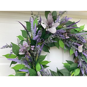 Everyday Lavender Grapevine Wreath for Front Door, Spring Floral and Greenery Decor for Your Home,  Summer Purple Cottage Garden Door Hanger