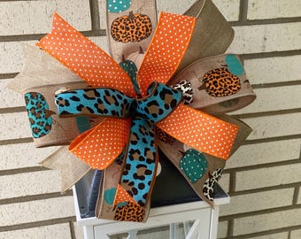 Fall Pumpkin Bow for Lantern, Teal & Orange Leopard Pumpkin Bow, Farmhouse Autumn Lantern Topper, Autumn Front Door Decor, Thanksgiving Bow