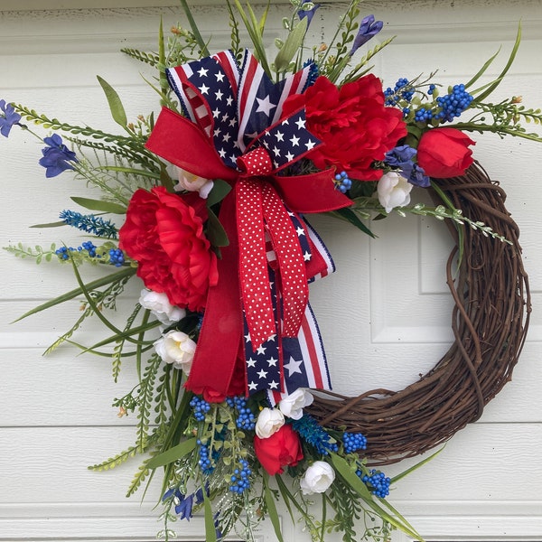 Patriotic Floral Grapevine Wreath for Front Door, Red White and Blue Vine Door Decor, 4th of July Floral and Ribbon Wreath