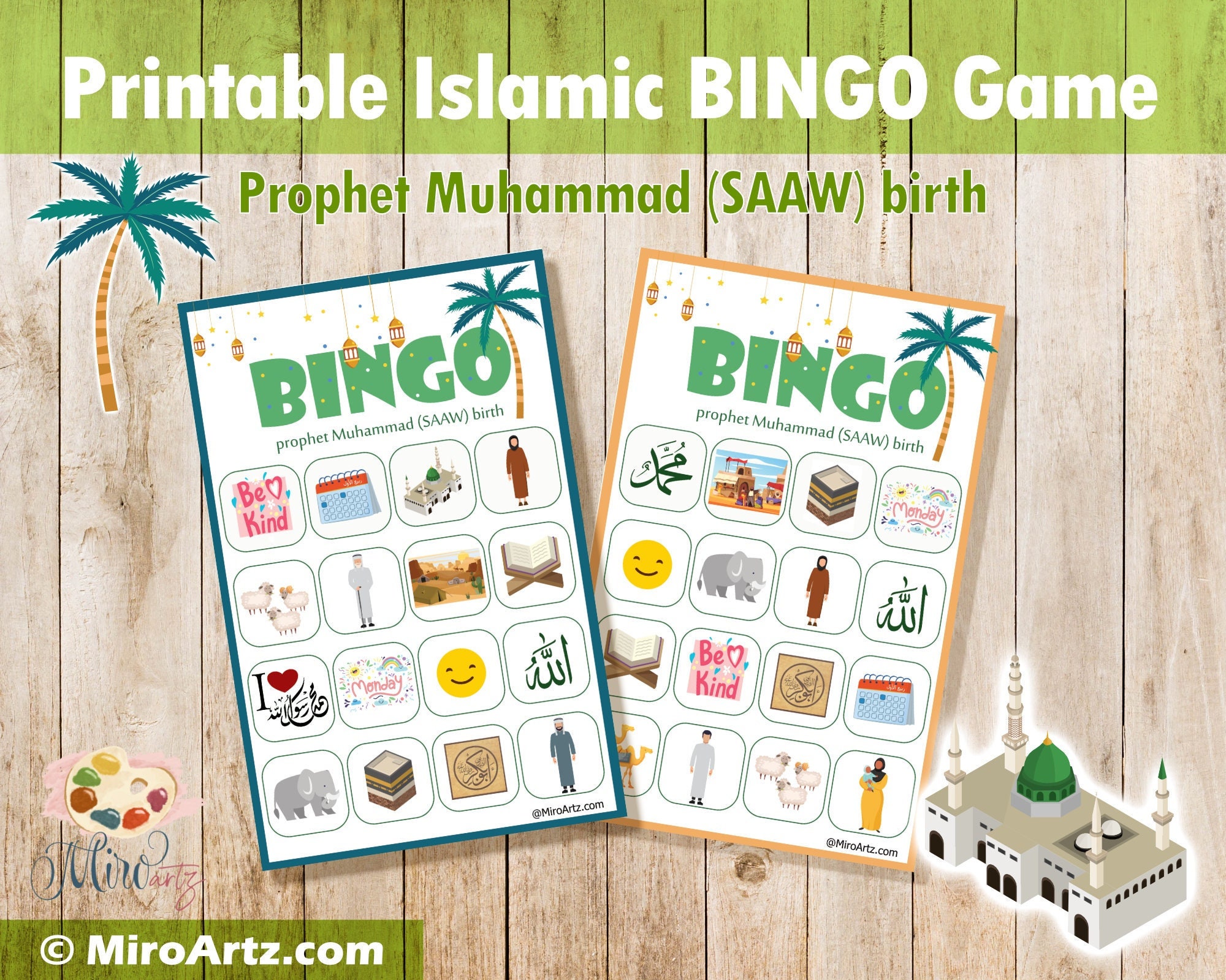 Druckbares islamisches BINGO-Spiel | Islamisches Lernspiel | Muslimisches Kind | Das Geburts-Bingo des Propheten Muhammad | Muslimische Bingo | Familien BINGO Spiel