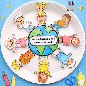 May include: A white paper plate craft featuring a central globe illustration with the text We are Muslims. We are one Ummah. Eight diverse cartoon children are arranged in a circle around the globe, all facing inward on a blue background.