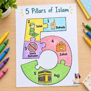 May include: A white educational worksheet titled 5 Pillars of Islam featuring a large number five composed of five colorful puzzle pieces. Each piece illustrates a pillar with text labels: Shahada, Salah, Sawm Ramadan, Zakat, and Hajj.