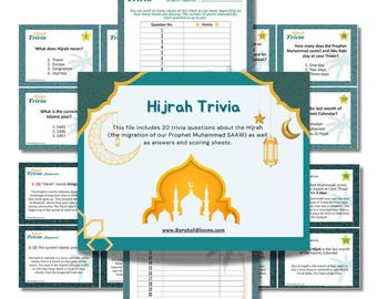 Druckbare Islamische Quiz-Spiel | Hijrah Trivia Karten | Die Wanderung des Hellsehers | Islamisches Jahr 1446 | Moslemisches Kind | Islamische Lernmittel