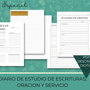 Op de afbeelding: Digitale PDF-dagboekpagina's in het Spaans voor Schriftstudie, gebed en dienst. De pagina's bevatten secties voor notities, ervaringen en een gebedsdagboek. De achtergrond is een turquoise bloemenpatroon met de woorden "En Español" bovenaan.