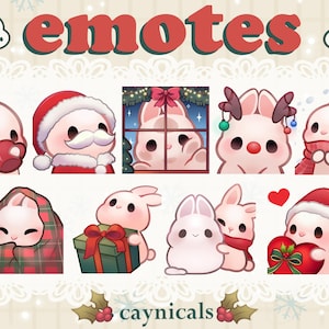 Peut inclure: Un ensemble de 10 émojis de lapin sur le thème de Noël présentant diverses poses et expressions. Les émojis sont de style cartoon avec une palette de couleurs rose et blanche. Les émojis incluent un lapin tenant une tasse de chocolat chaud, un lapin portant un bonnet de Père Noël, un lapin regardant par une fenêtre, un lapin portant des bois de renne, un lapin portant une écharpe, un lapin tenant un cadeau, un lapin enveloppé dans une couverture, un lapin tenant un cœur et un lapin portant un bonnet de Père Noël et tenant un cœur.