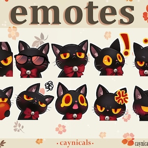 Puede incluir: Una colección de emoticonos de gatos negros con diversas expresiones, cada uno con una pajarita roja y una campana. La palabra "emotes" está en la parte superior, con el nombre del artista y la URL de la tienda Etsy en la parte inferior.