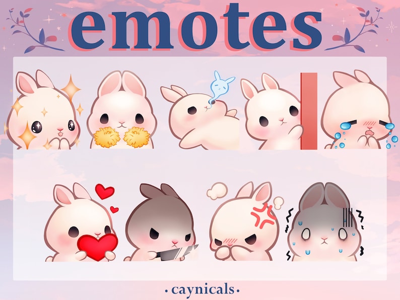 BUNNY EMOTES 9 Twitch Discord YouTube Streaming Cute Kawaii Chibi rabbits Emoji Emote Pack image 1