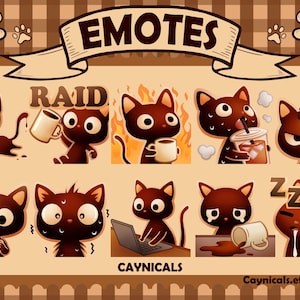 Peut inclure: Ensemble d'émoticônes de chats bruns exprimant diverses émotions et actions, comme boire du café, utiliser un ordinateur portable et dormir. Le mot "EMOTES" est affiché au-dessus des images, avec le mot "RAID" au centre. Le fond est marron clair avec des empreintes de pattes.