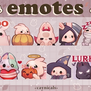 以下が含まれることがあります： ハロウィンをテーマにしたデジタル絵文字のセットで、幽霊、カボチャ、吸血鬼、死神、ミイラ、縫い付けられたウサギ、天使、魔女、待ち伏せなど、さまざまなキャラクターが登場します。絵文字は漫画風で、ピンクと白の背景になっています。