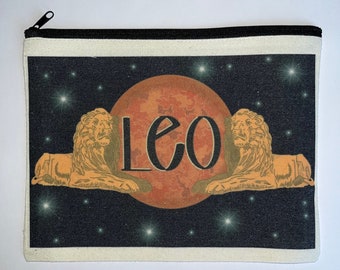 Leo zodiac gift, Leo gift for her, zipper canvas pouch, Leo themed gift for, fire sign gift, July birthday gift, August birthday gift