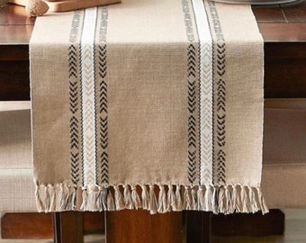 Farmhouse Table Runner - Boho Table Runner - Table Runner - Modern Table Runner - Farmhouse Table Runner - Tan - Striped - Fringe - Home