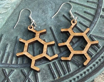 Green tea molecule wooden dangle earrings, laser design, tea lovers, gift giving, lasercut, unique gift