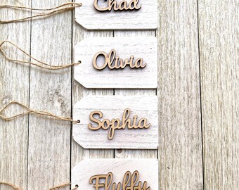 Personalize Your Style with Custom Wooden Name Tags White distressed look - Laser-Made, gift tag, wedding tag, party favors, customized