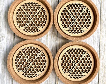 Gift Set of 4 Golf themed cork and wood Coasters double layered, gift for golfer, unique Gifts, Christmas Gift, Laser Cut Coaster