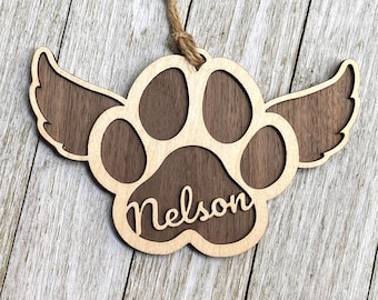 Pet Memorial Ornament, Dog or cat angel, Pet paw, Personalized bauble, Best friend, Paw wings, two toned wood