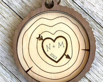 Handmade Carved initial wood ornament, personalized laser cut ornaments, natural wood handcrafted decor, holiday decor, gift set