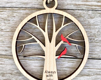 Always with You Cardinal Tree Memorial Ornament – Laser-Cut Wood Keepsake for Christmas or Home Décor