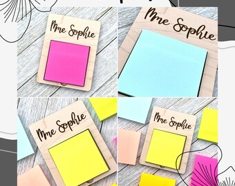 Engraved Wooden Teacher Notepad Holder, Personalized with Name & Includes Colorful Post-it Pad