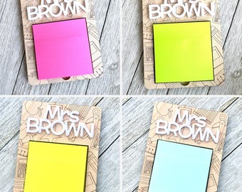 Engraved Wooden Teacher Notepad Holder, Personalized with Name & Includes Colorful Post-it Pad
