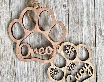 Pet oak wood ornament, dog or cat, pet paw, personalized, best friend, paw wings for memorial, custom made for the holidays
