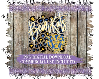 May include: A digital download of a graphic featuring a yellow and blue tiger head with a black and yellow leopard print background. The text "Bear Kats" is written in blue and yellow on top of the leopard print. The graphic is set against a woodgrain background with purple glitter on the top and bottom.