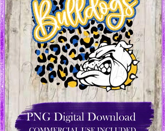 Bulldogs PNG, Blue & Yellow Faux Glitter, Deportes escolares, Fútbol, Béisbol, Sublimación, Impresión DtG