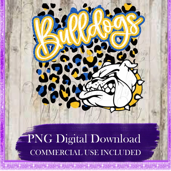 Bulldogs PNG, Blue & Yellow Faux Glitter, School Sports, Football, Baseball, Sublimation, DtG Printing