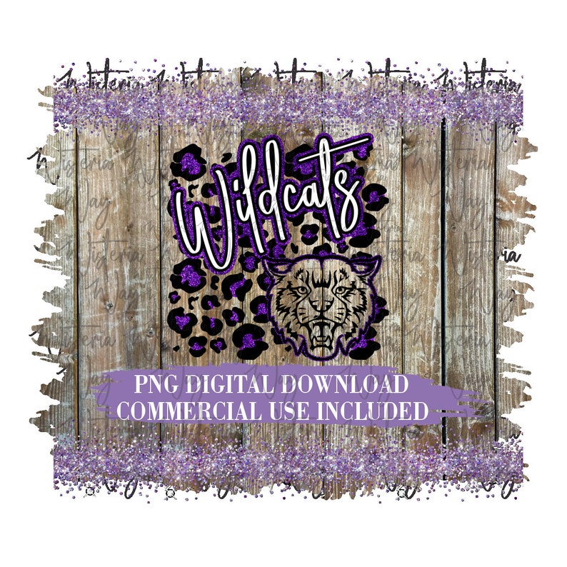 Puede incluir: Dise&ntilde;o digital con la palabra "Wildcats" en escritura blanca con un contorno de purpurina morada, un estampado de leopardo morado y una cabeza de gato mont&eacute;s. El dise&ntilde;o incluye el texto "PNG DIGITAL DOWNLOAD COMMERCIAL USE INCLUDED".