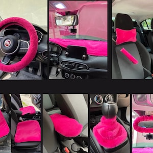 Pink Car Seat Covers, Faux Fur Car Accessories Full Set, Plush Steering Wheel Cover, Gear Shift, Handbrake, Seat Cover,Dash Mat, Pillow Gift