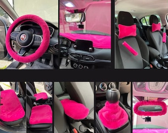 Pink Car Seat Covers, Faux Fur Car Accessories Full Set, Plush Steering Wheel Cover, Gear Shift, Handbrake, Seat Cover,Dash Mat, Pillow Gift