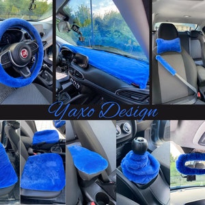 Coprisedili per auto blu, set completo di accessori per auto in pelliccia sintetica, coprivolante in peluche, leva del cambio, freno a mano, coprisedile, tappetino per cruscotto, cuscino regalo
